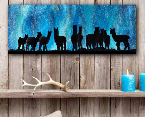 Original Kunstwerk Alpakas unter dem Polarlicht, Resinkunstwerk, Polarlichtkunst, Die Polarlichtkünstlerin, Carolin Rieger, Kunst aus der Rhön