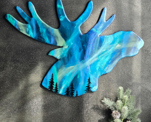 Original Kunstwerk Elch, Elchkopf, Polarlicht, Nordlicht, Resinart, Elchkunst, Northernlights,