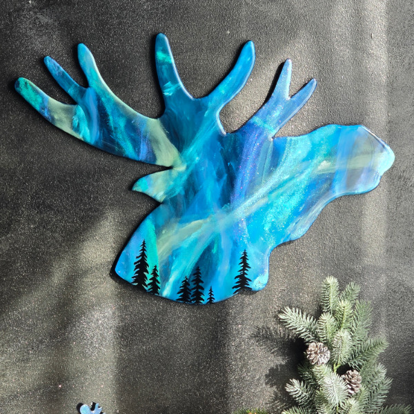 Nordlichtwächter Original Kunstwerk Elch, Elchkopf, Polarlicht, Nordlicht, Resinart, Elchkunst, Northernlights,