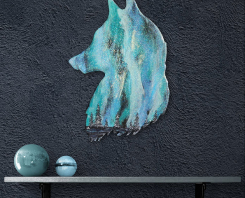 Original Kunstwerk Wolf, heulender Wolf, Polarlicht, Nordlicht, Resinart, Resinkunst, Northernlights,