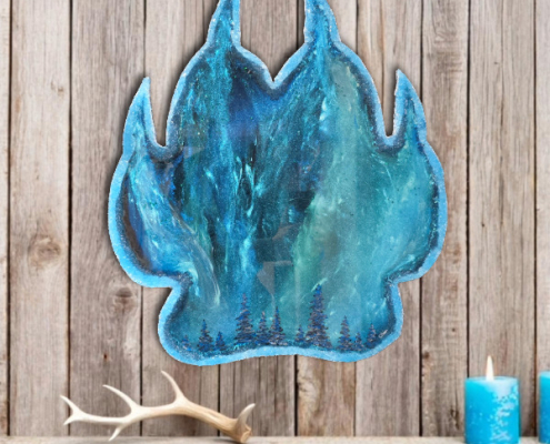 Original Kunstwerk Wolf, Wolfspfote, Polarlicht, Nordlicht, Resinart,