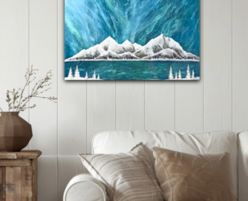 Original Kunstwerk - Winterabend, Unikat, Polarlicht, Nordlicht, Resinart, Polarlichtkunst, Northernlights, Polarlichtbild, Arktis, Norwegen, Schweden, Finnland, Skandinavien, Wandbild, Fjorde, Landschaftsgemälde, Winter, Carolin Rieger, Die Polarlichtkünstlerin