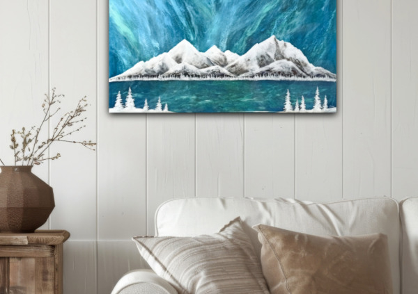 Original Kunstwerk - Winterabend, Unikat, Polarlicht, Nordlicht, Resinart, Polarlichtkunst, Northernlights, Polarlichtbild, Arktis, Norwegen, Schweden, Finnland, Skandinavien, Wandbild, Fjorde, Landschaftsgemälde, Winter, Carolin Rieger, Die Polarlichtkünstlerin