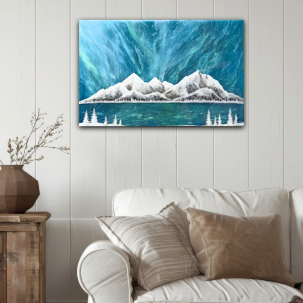 Winterabend Original Kunstwerk - Winterabend, Unikat, Polarlicht, Nordlicht, Resinart, Polarlichtkunst, Northernlights, Polarlichtbild, Arktis, Norwegen, Schweden, Finnland, Skandinavien, Wandbild, Fjorde, Landschaftsgemälde, Winter, Carolin Rieger, Die Polarlichtkünstlerin